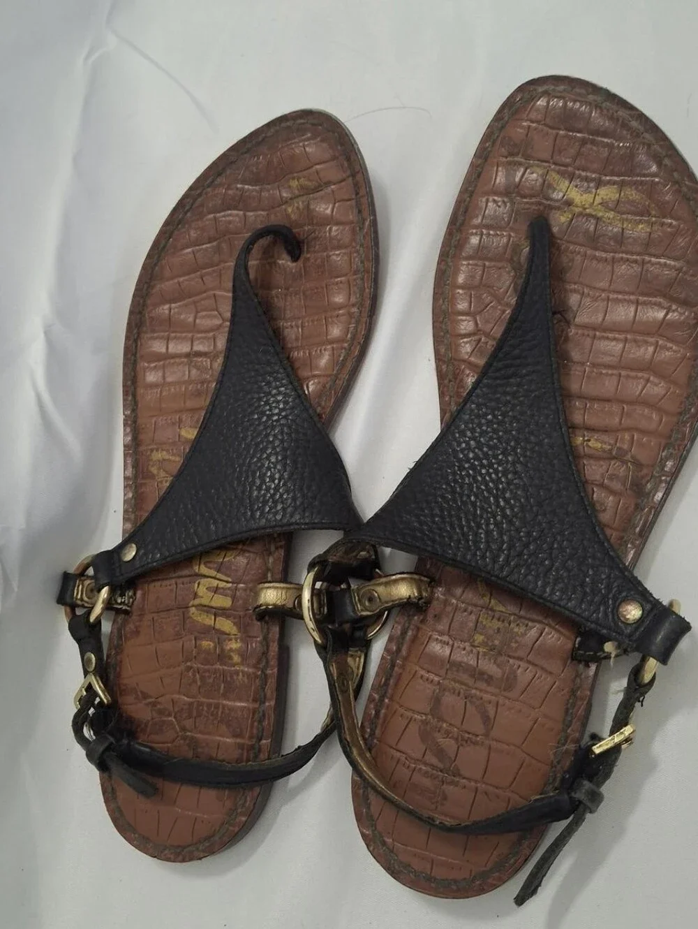 Sam Edelman Black Leather T-Strap Sandals with Brown Croc-Textured Footbed